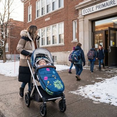chanceliere poussette devant l ecole
